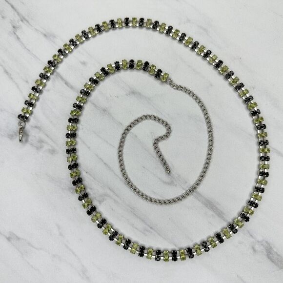 Green Black Rhinestone Chain Belt Y2K Silver Tone Metal ✨ - Picture 1 of 10